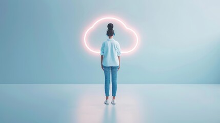 Obraz premium Woman standing in front of a glowing cloud shape, representing the future of technology, Business concept.