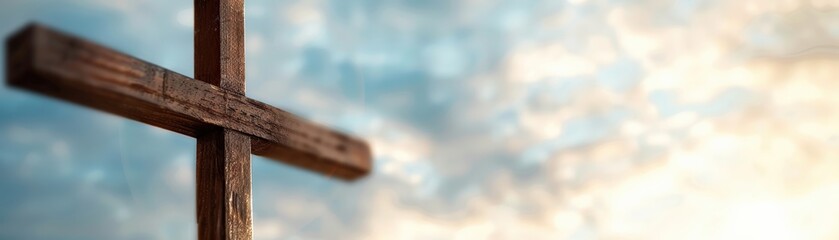 A close-up of a wooden cross against a serene sky, symbolizing faith, hope, and spirituality.