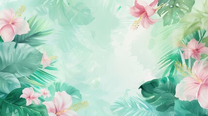 Tropical floral frame with pink and white flowers, green leaves, and a soft pastel background. Perfect for summer or nature-themed designs.