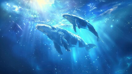 Fototapeta premium Two majestic whales swimming in a fantastical cosmic ocean with vibrant colors and stars. Concept of harmony between nature and the universe.