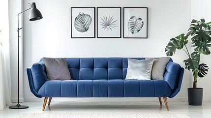 Contemporary Living Room with Blue Sofa and Botanical Art for Interior Design Inspirations