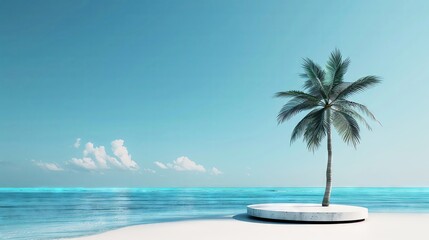 A 3D podium on a sunny beach with palm trees and a clear blue sky