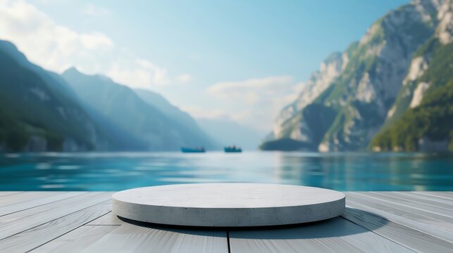 3D podium with a backdrop of a summer mountain lake, with boats and kayaks