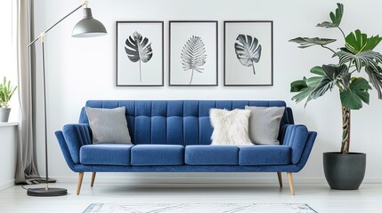 Contemporary Living Room with Blue Sofa and Botanical Art for Interior Design Inspirations