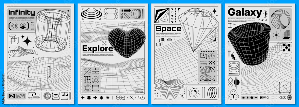 Poster brutalism posters with y2k forms and 3d retro shapes. vector futuristic, minimalistic, brutal black 