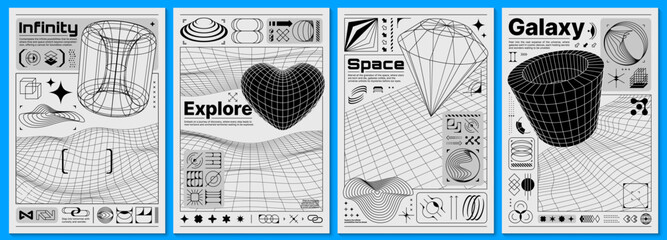 Brutalism posters with y2k forms and 3d retro shapes. Vector futuristic, minimalistic, brutal black and white templates with 3d wireframe grid patterns, including a cylinder, heart, diamond and torus
