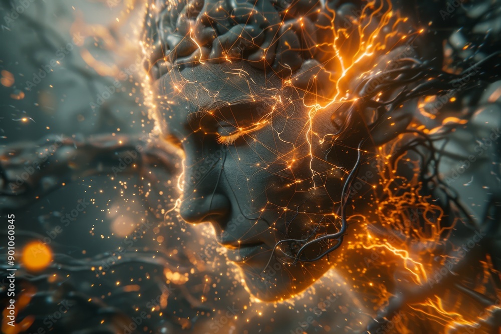 Aufkleber abstract human face with glowing neural network representing advanced technology
