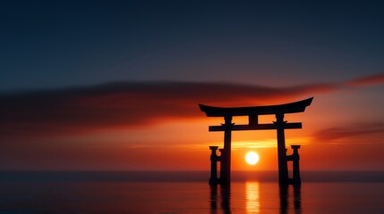 A picturesque torii gate at sunset on a beach