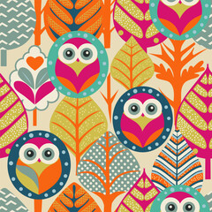 cute bright owls in a fairy forest. seamless pattern