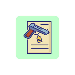 Gun line icon. Pistol with tag and document. Justice concept. Can be used for topics like evidence, instrument of crime, gun license