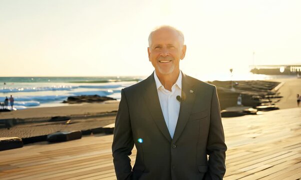 Environmental portrait video of a tender man in his 50s wearing a sleek suit against a beach boardwalk or promenade background