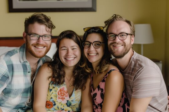 Smiling polyamorous swingers couples sitting at a motel room looking at the camera
