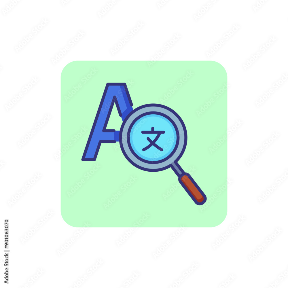 Poster machine translation line icon. translated text through magnifier glass. translating concept. can be 
