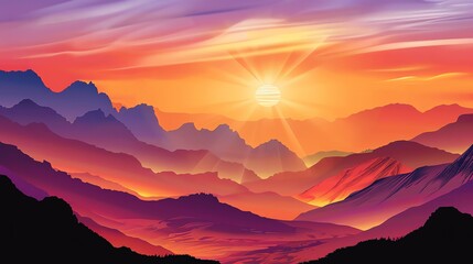 Obraz premium A colorful cartoon illustration of a sunset over a mountain range.