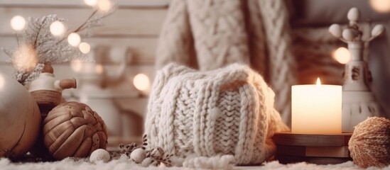 Cozy Winter Scene with Knitted Blanket and Candlelight