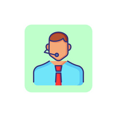 Phone support operator line icon. Character in tie with headset. Occupation concept. Can be used for topics like customer service, hotline, help, call center
