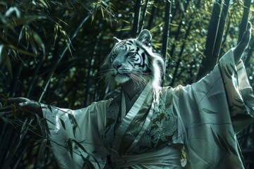 Fototapeta premium A tiger in a kimono is standing in front of a forest
