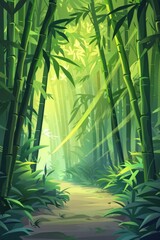 Sunbeams Shining Through Dense Bamboo Forest