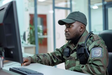 Fototapeta premium Portrait of a private guard at a security desk with a computer, Generative AI