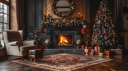Fototapeta premium Festive Holiday Scene with Christmas Tree and Fireplace - Cozy Atmosphere for Seasonal Celebrations