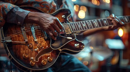 Fototapeta premium Professional Jazz Guitarist Performing On Stage With Expressive Strings Motion Warm Bokeh Lights And Intimate Concert Ambience