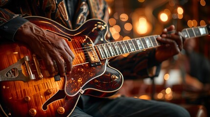 Jazz Guitarist's Hands Playing Vintage Hollow-Body Electric Guitar