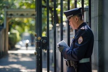 Portrait of a private guard checking IDs at a gate, Generative AI