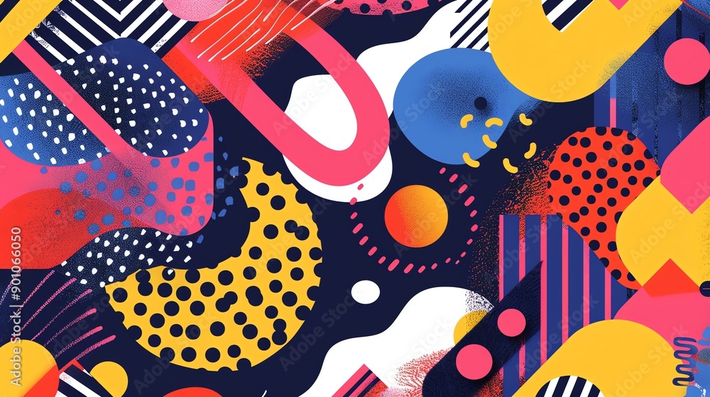 Poster an abstract colorful pattern with geometric shapes and lines.