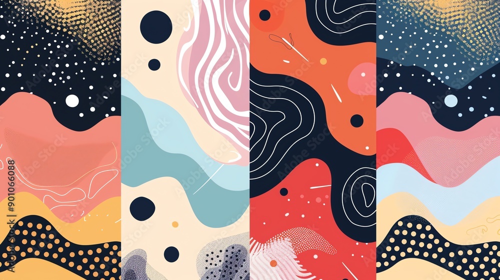 Poster a collection of abstract patterns in various colors.