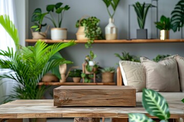 Wooden podium on table in living room interior with space with generative ai