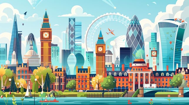 A cartoon illustration of the London skyline.