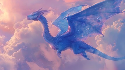 Naklejka premium Majestic Blue Dragon Soaring Through Dreamy Pastel Clouds for Fantasy Posters