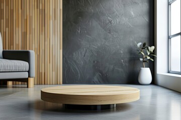 Fototapeta premium Wooden podium on table in living room interior with space with generative ai