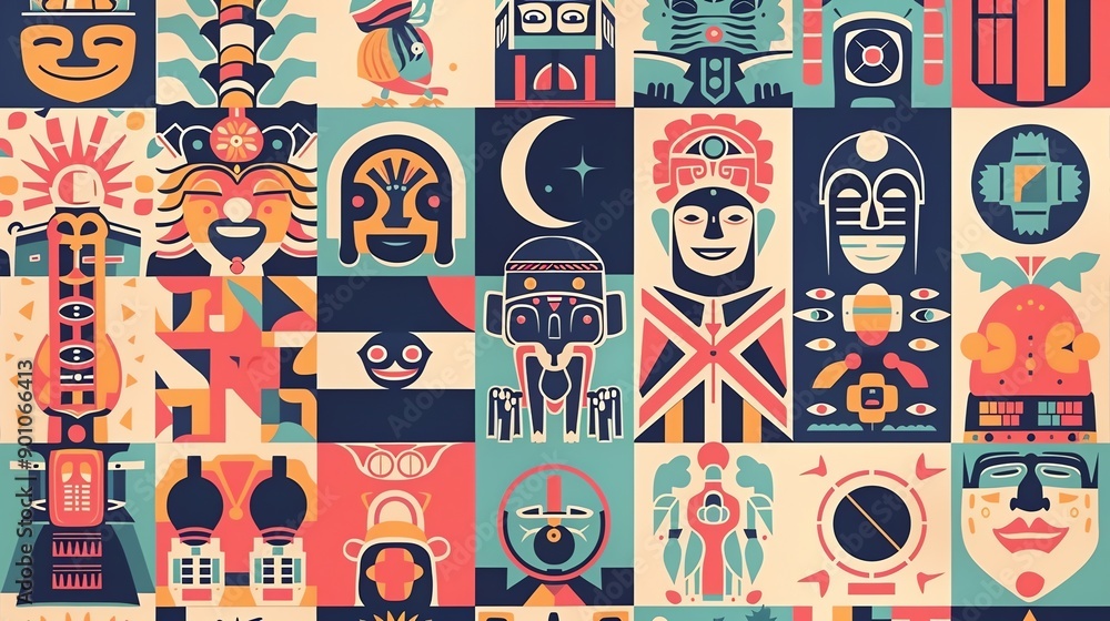 Poster abstract pattern with colorful geometric shapes and icons