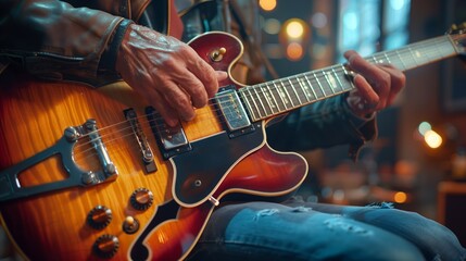 Fototapeta premium Timeless Jazz Guitar Scene Featuring Experienced Musician Performing Live With Warm Lighting And Deep Musical Expression