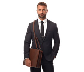 Confident businessman in a suit holding a briefcase isolated on transparent background