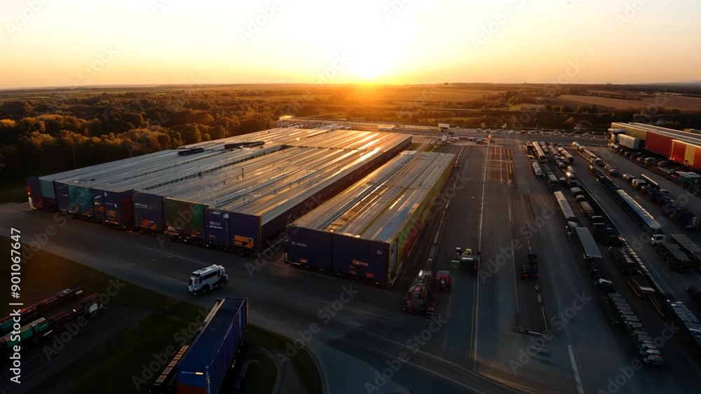 Aufkleber aerial view of logistics park with warehouse and loading hub at sunset generative ai