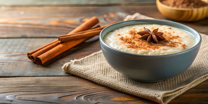 Warm and comforting bowl of arroz con leche Creative AI, spanish, dessert, rice, con