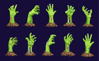 Cartoon zombie hand for Halloween, dead monster arms from grave, vector horror holiday icons. Zombie hands on evil cemetery, scary green bones and fingers of undead corpse on creepy graveyard