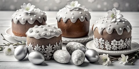Easter Monochrome Illustration of Easter Cakes and Decorated Eggs With Floral Accents Generative By AI