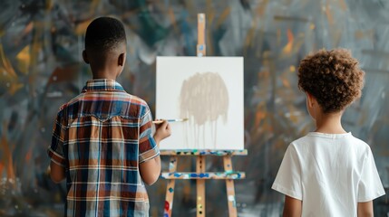 Two kids, one painting on a canvas and the other observing. Creative activity in a modern art class environment.