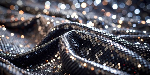 Shiny black sequins on fabric Abstract shiny background fashionable fabrics blex sequins Fabric for festive events AI Generative