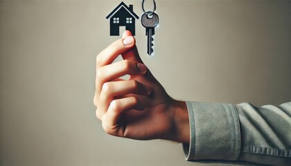 Fototapeta premium Hand Holding a Key with a House Icon Hanging on a Keychain - Real Estate Concept.