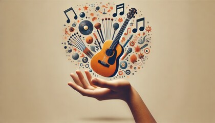 Hand Holding Music Symbols Including Guitar and Musical Notes.