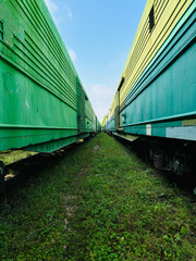 Obraz premium railway between two trains which in different directions, train the meeting of two opposite