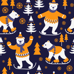 polar bears sledding in the forest. seamless pattern