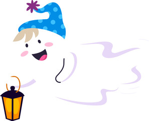 Funny cartoon Halloween kawaii ghost character dons a nightcap, clutching a lit lantern. Isolated vector charming baby spook personage wander at night. Adorable soul, blend of innocence and spookiness