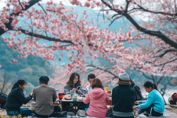 A Japanese family enjoying Hanami under cherry blossom trees
