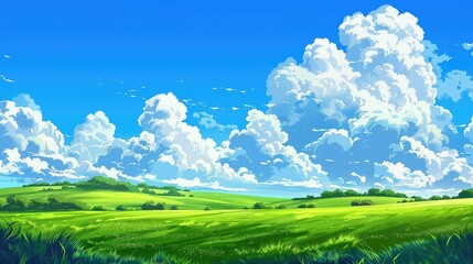 Obraz premium Anime-style nature scene with a green field, blue sky, and fluffy clouds, ideal for wallpapers.