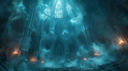 Old abandoned castle background with fog. gothic architecture 